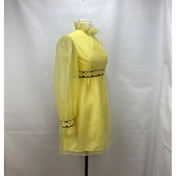 Vintage 60s Lorrie Deb Dress Small Yellow Chiffon Ruffles Embroider Daisy Trim - Picture 10 of 11